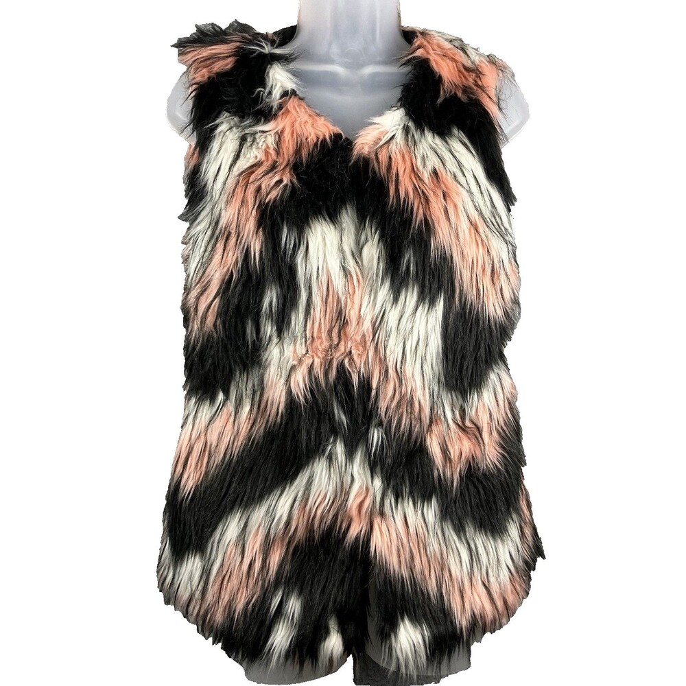 Rue 21 Shaggy Faux Fur Vest S/M Black White Pink Glam Rock Boho Y2K Festival NWT